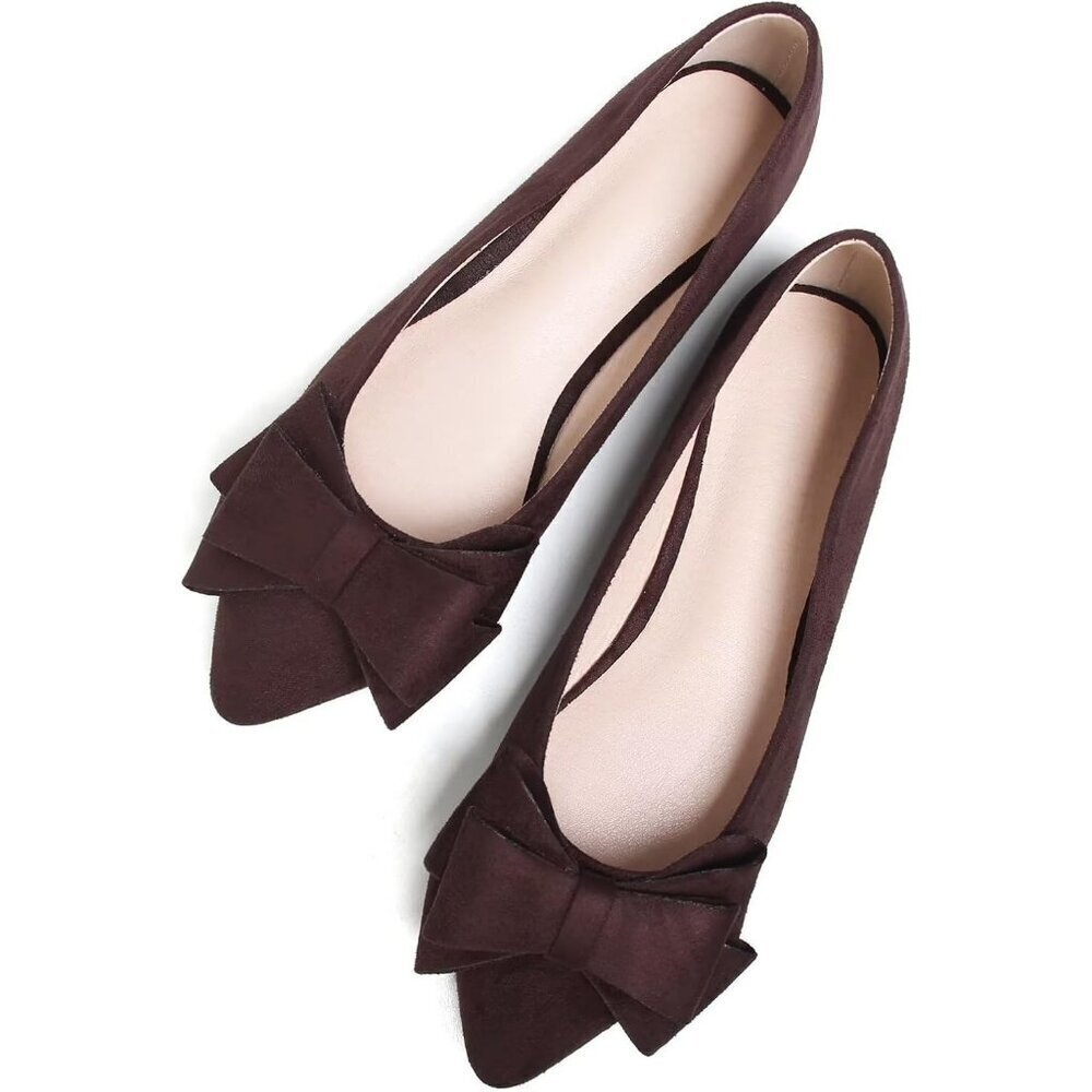 Women's Brown Bowknot Ballet Flats Pointy Toe Casual Flat Shoes Suede